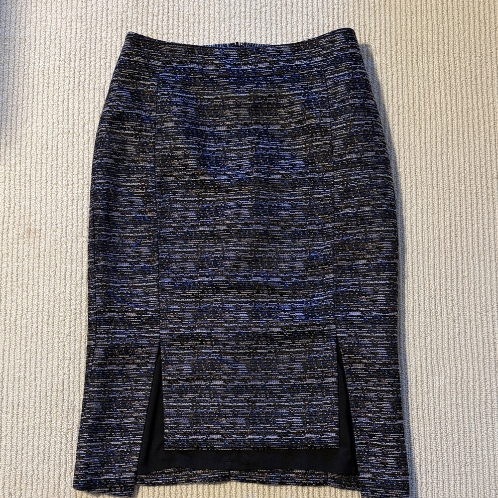 Textured Blue-Black Pencil Skirt with Front Slits